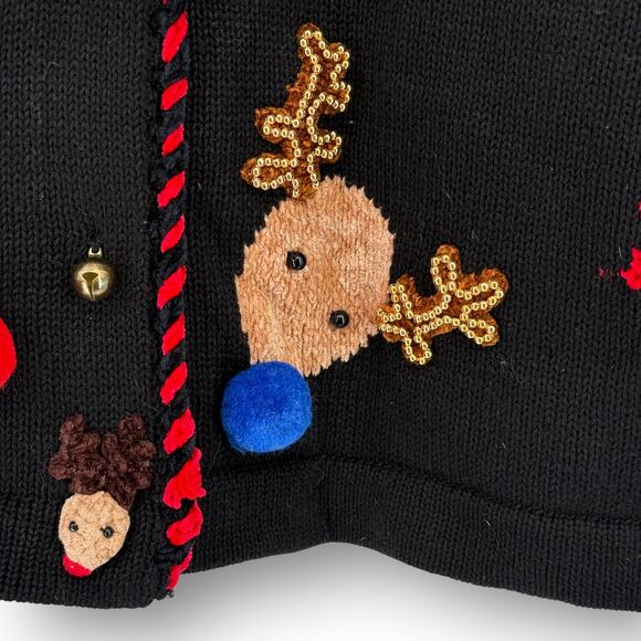 Jack B Quick Reindeer Christmas Cardigan Sweater Sz Medium Pom Pom Jingle Bells - Picture 2 of 6